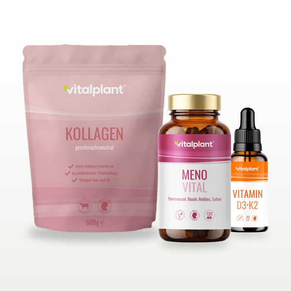 Vitalpaket Frauen Vital 50+ mit Meno Vital Kapseln, Kollagen Pulver und Vitamin D3 + K2 Tropfen