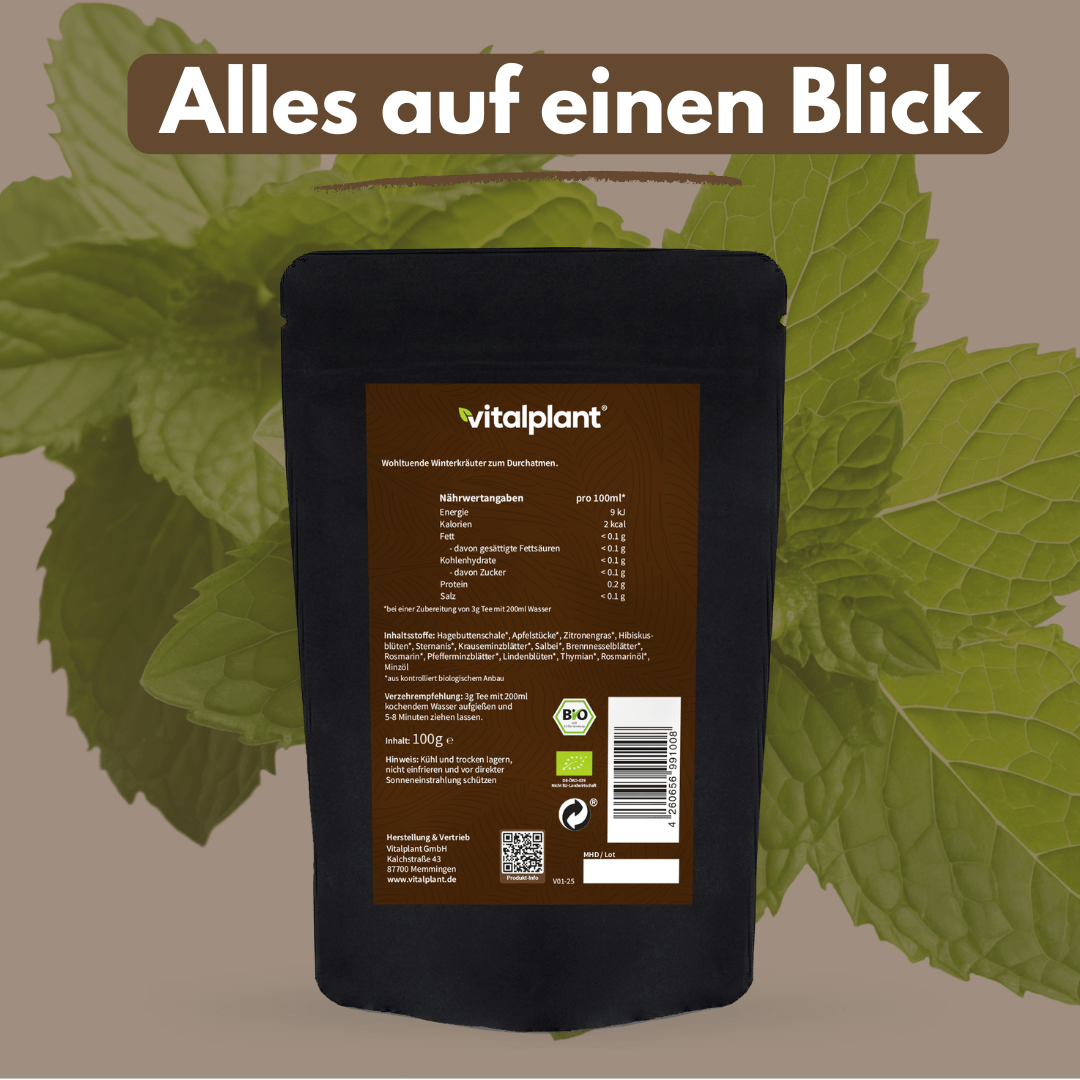 Bio Atem Tee – Verpackung von Vitalplant mit Nährwertangaben und frischen Minzblättern im Hintergrund.