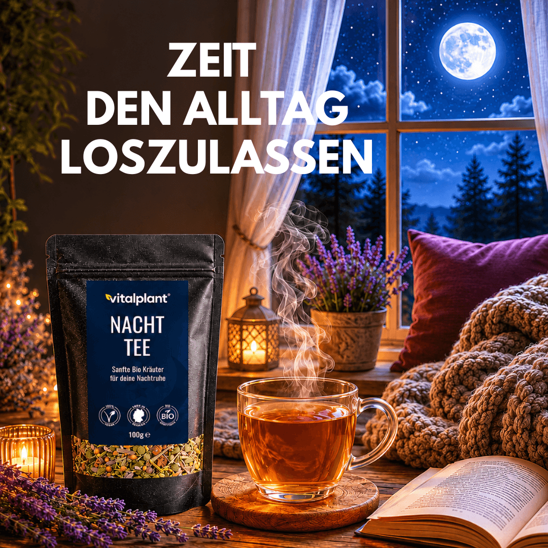 Bio Nacht Tee in einer gemütlichen Umgebung mit dampfendem Tee und Blick auf den Mond.