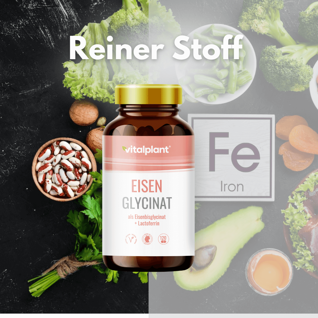 Eisen Glycinat Kapseln von Vitalplant, kombiniert mit Gemüse und Eisen-Symbol für maximale Bioverfügbarkeit.