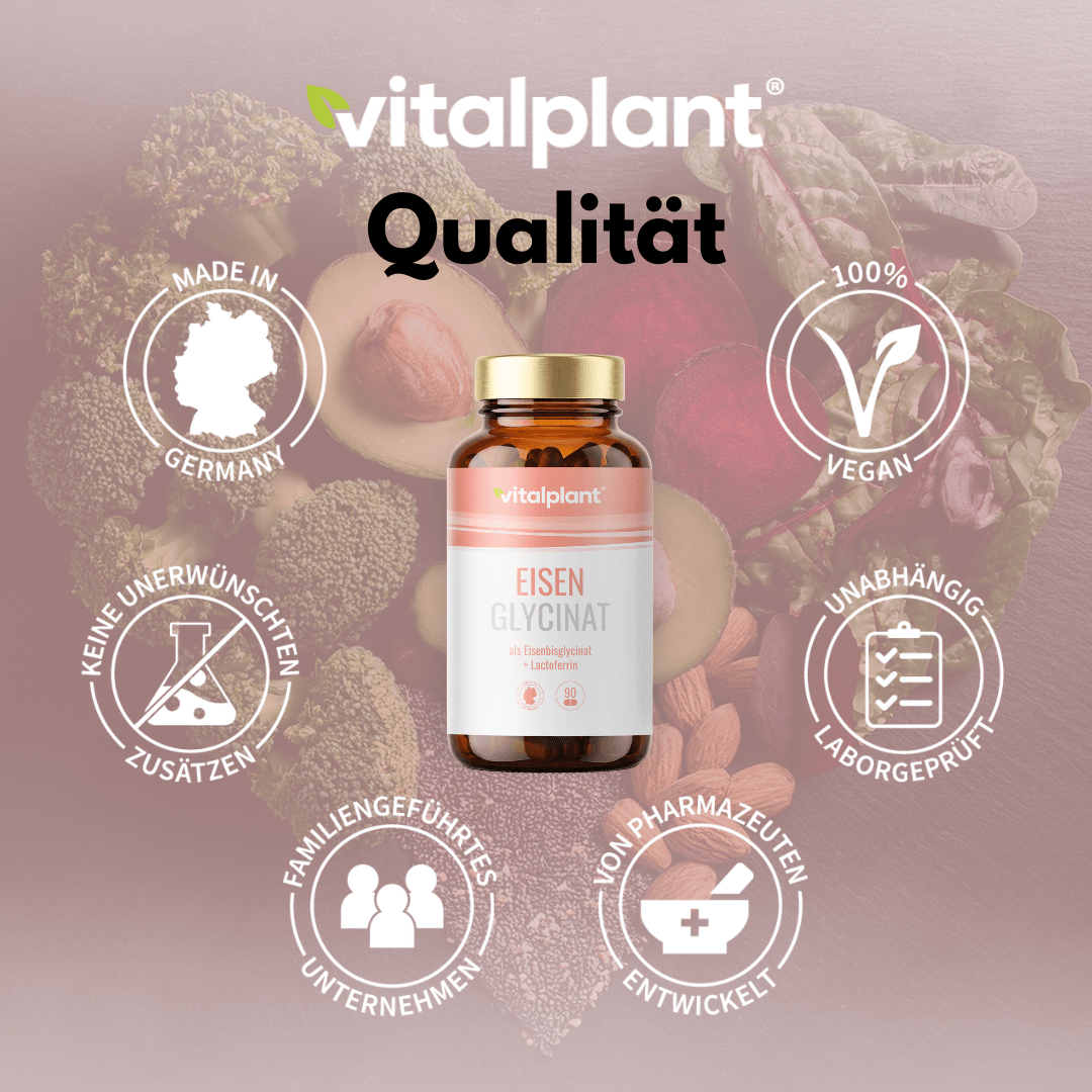 Eisen Glycinat Kapseln von Vitalplant mit natürlichen Inhaltsstoffen, hergestellt in Deutschland und vegan.