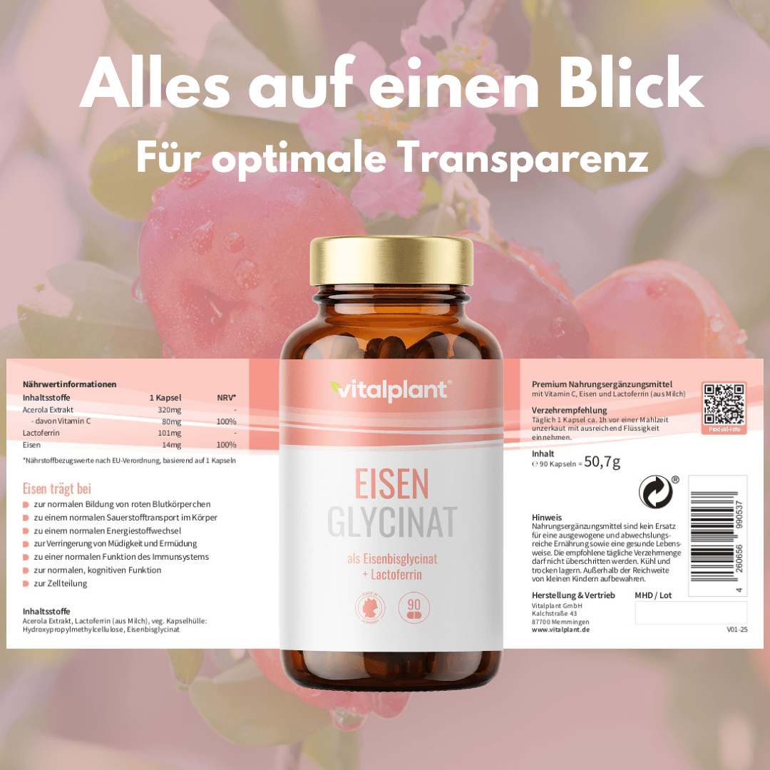 Eisen Glycinat Kapseln mit Eisenbisglycinat, Lactoferrin und Vitamin C von Vitalplant auf einen Blick.