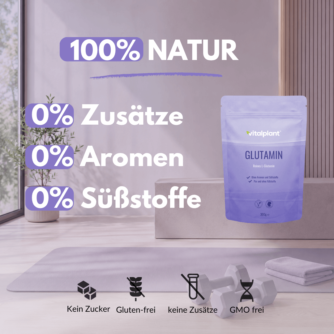 Glutamin Pulver von Vitalplant in einem modernen Fitnessraum, 100% natürlich ohne Zusätze, Aromen oder Süßstoffe.