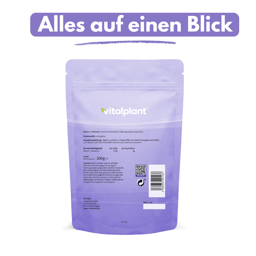Glutamin Pulver von Vitalplant im Verpackungsdesign mit Inhaltsstoffen und Nährwertangaben
