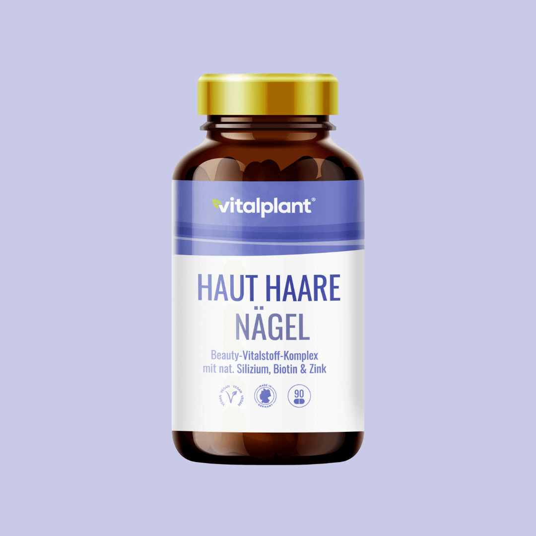 Haut Haare Nägel Kapseln von Vitalplant im Fläschchen mit wertvollen Inhaltsstoffen für strahlende Haut und glänzendes Haar.