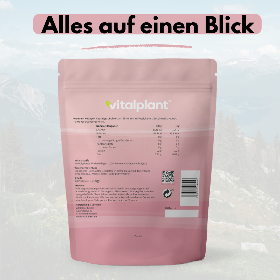 Rückseite des Kollagen Pulvers mit Nährwertangaben und Zutaten