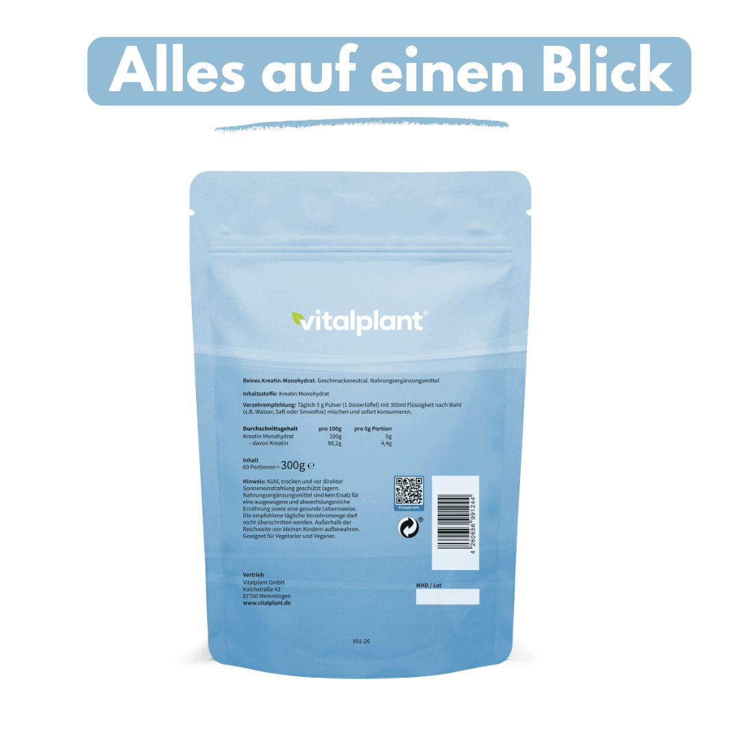 Kreatin Pulver von Vitalplant, reines Kreatin Monohydrat in Pulverform für Sporternährung.