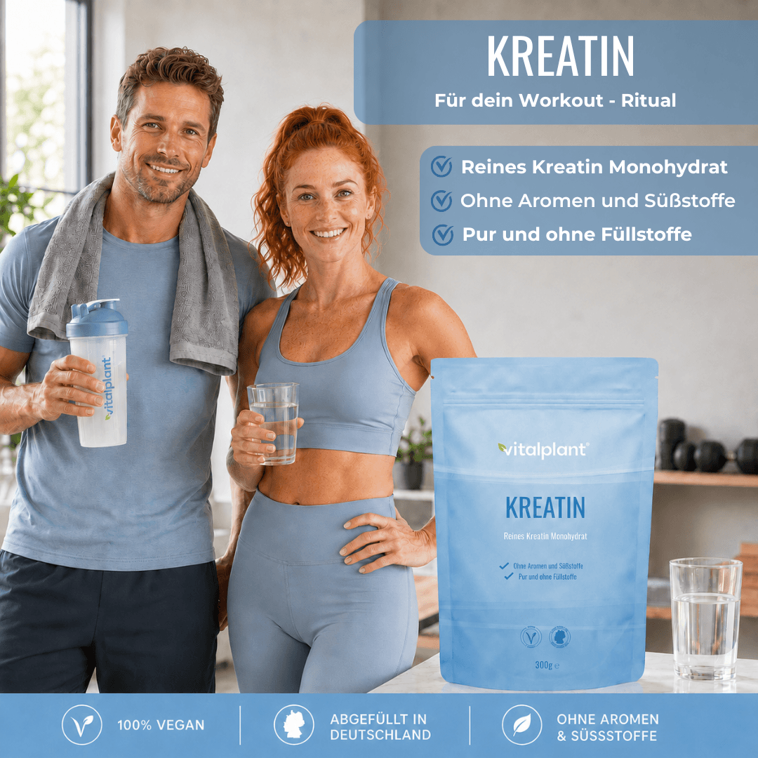 Kreatin Pulver von Vitalplant, Reines Kreatin Monohydrat für dein Workout, vegan und ohne Füllstoffe.
