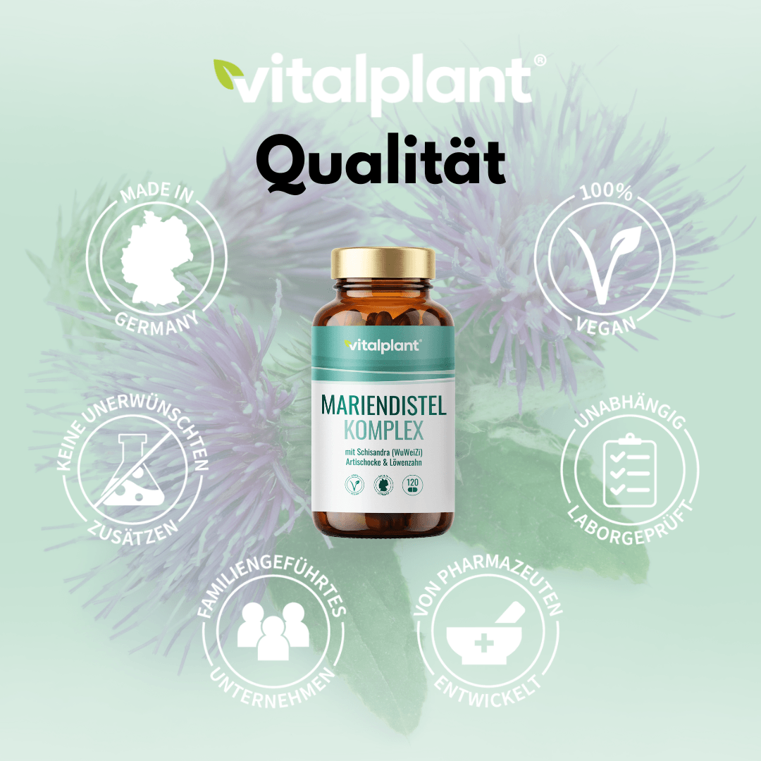 Mariendistel Complex capsules by Vitalplant with quality features such as vegan and laboratory-tested.