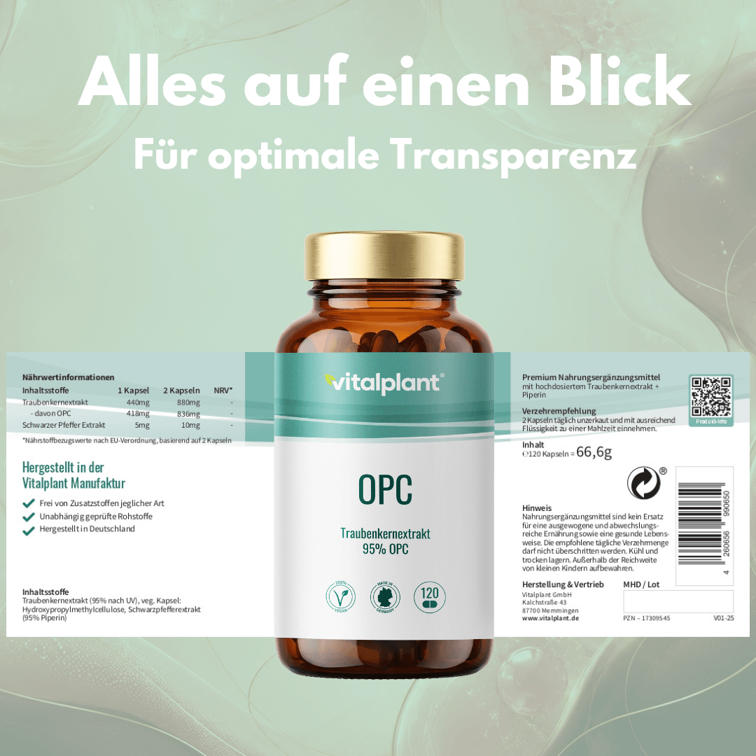 OPC Kapseln von Vitalplant, hochwertige Traubenkernextrakt mit 95% OPC, Transparenz, Vitalität und Gesundheit.