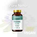 Passionsblume Kapseln von Vitalplant in einer Flasche mit dem Hinweis 100% vegan und Pure Natur.