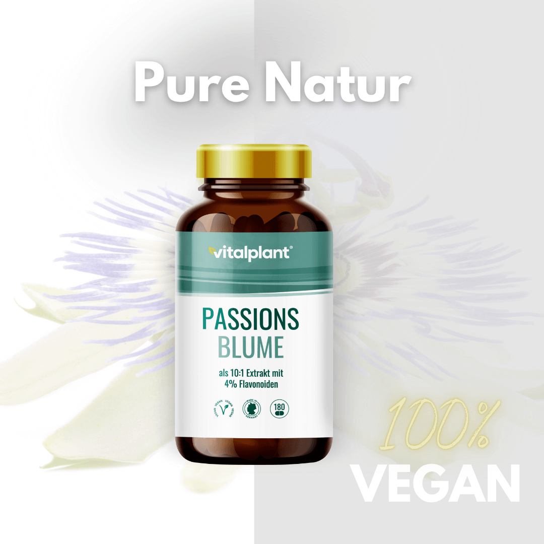 Passionsblume Kapseln von Vitalplant in einer Flasche mit dem Hinweis 100% vegan und Pure Natur.