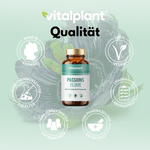 Passionsblume Kapseln von Vitalplant mit Vorteilen wie vegan, ohne Zusatzstoffe und laborgeprüft für Qualität.