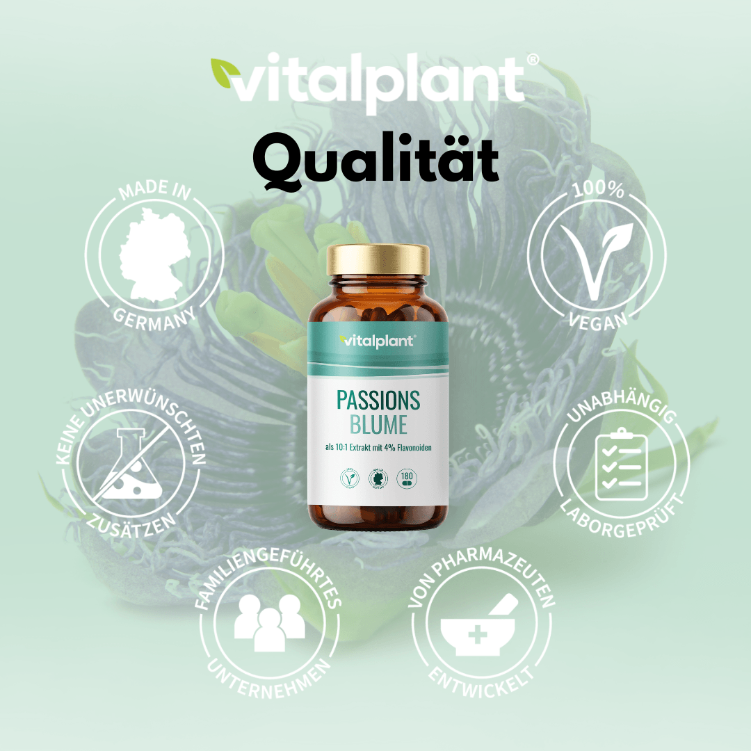 Passionsblume Kapseln von Vitalplant mit Vorteilen wie vegan, ohne Zusatzstoffe und laborgeprüft für Qualität.