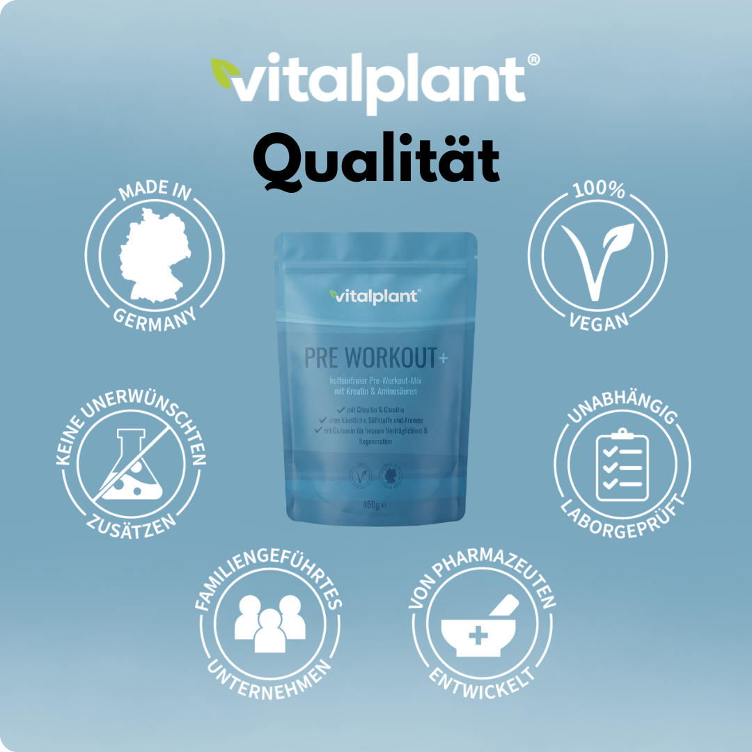 Produktbild von Pre Workout+ von Vitalplant mit Qualitätshinweisen, vegan und made in Germany.