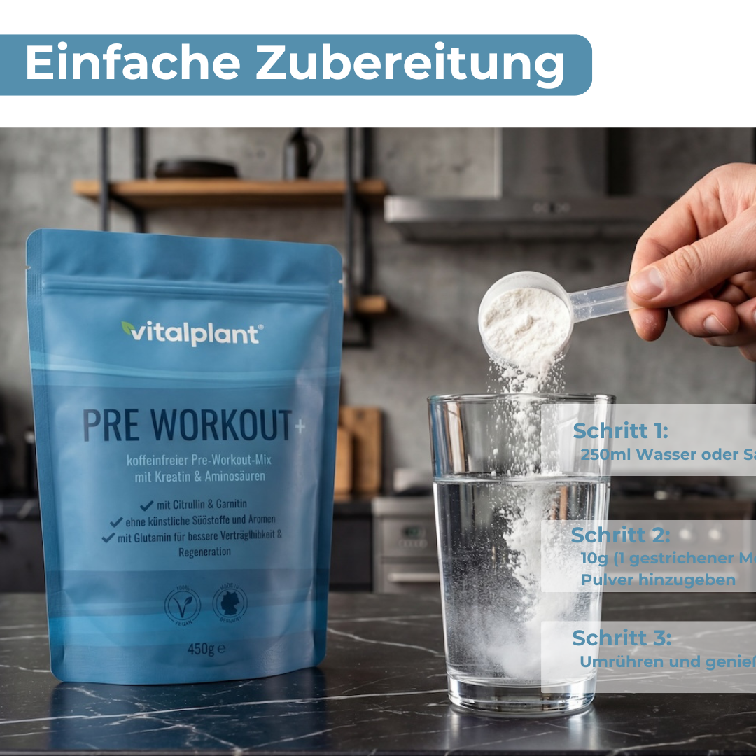 Ein Benutzer bereitet Pre Workout+ mit Wasser und Pulver in einem Glas vor, Schritt-für-Schritt-Anleitung.