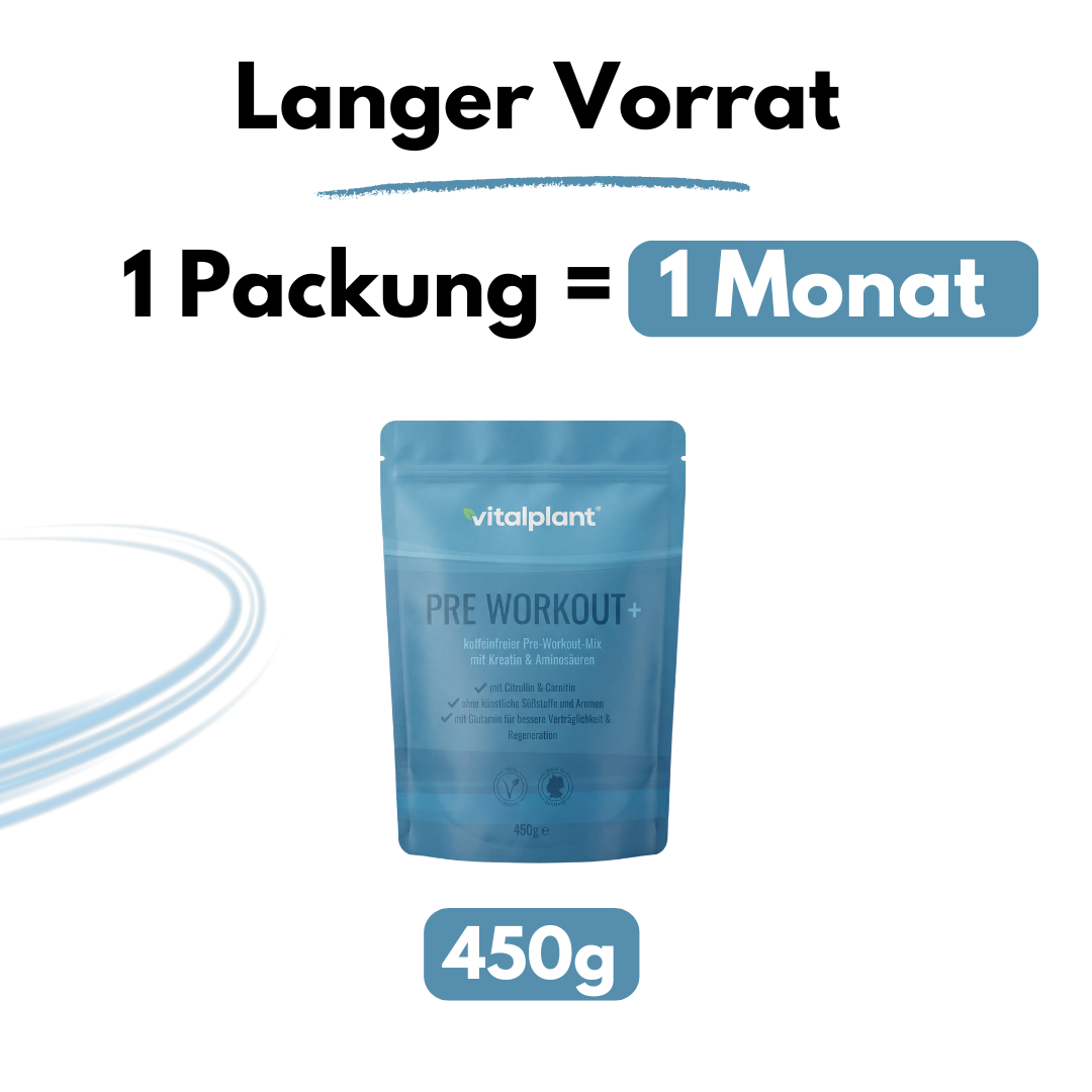 Pre Workout + von Vitalplant, praktische Packung mit 450g für einen Monat intensive Trainingsleistung.