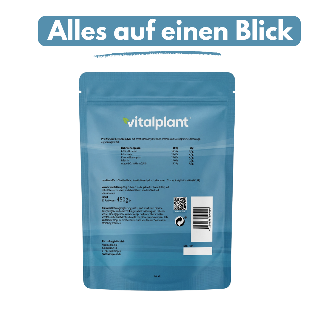 Pre Workout + Produktinformation auf Verpackung von Vitalplant, ideale Formel für intensives Training.