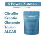 Verpackung des Produkts Pre Workout+ von Vitalplant mit 5 Power Zutaten, inkl. Citrullin und Kreatin.