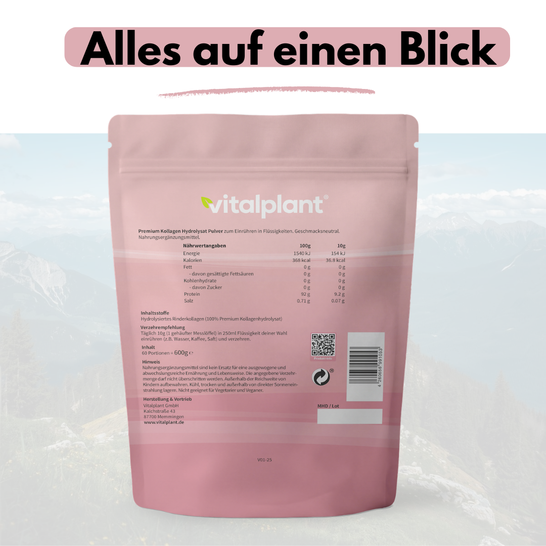 Kollagen Premium Hydrolysat Pulver von Vitalplant in rosa Verpackung, für Ernährung und Stärke.