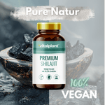 Produktabbildung von Shilajit Kapseln von Vitalplant – 100% vegan mit Premium Shilajit Extrakt.