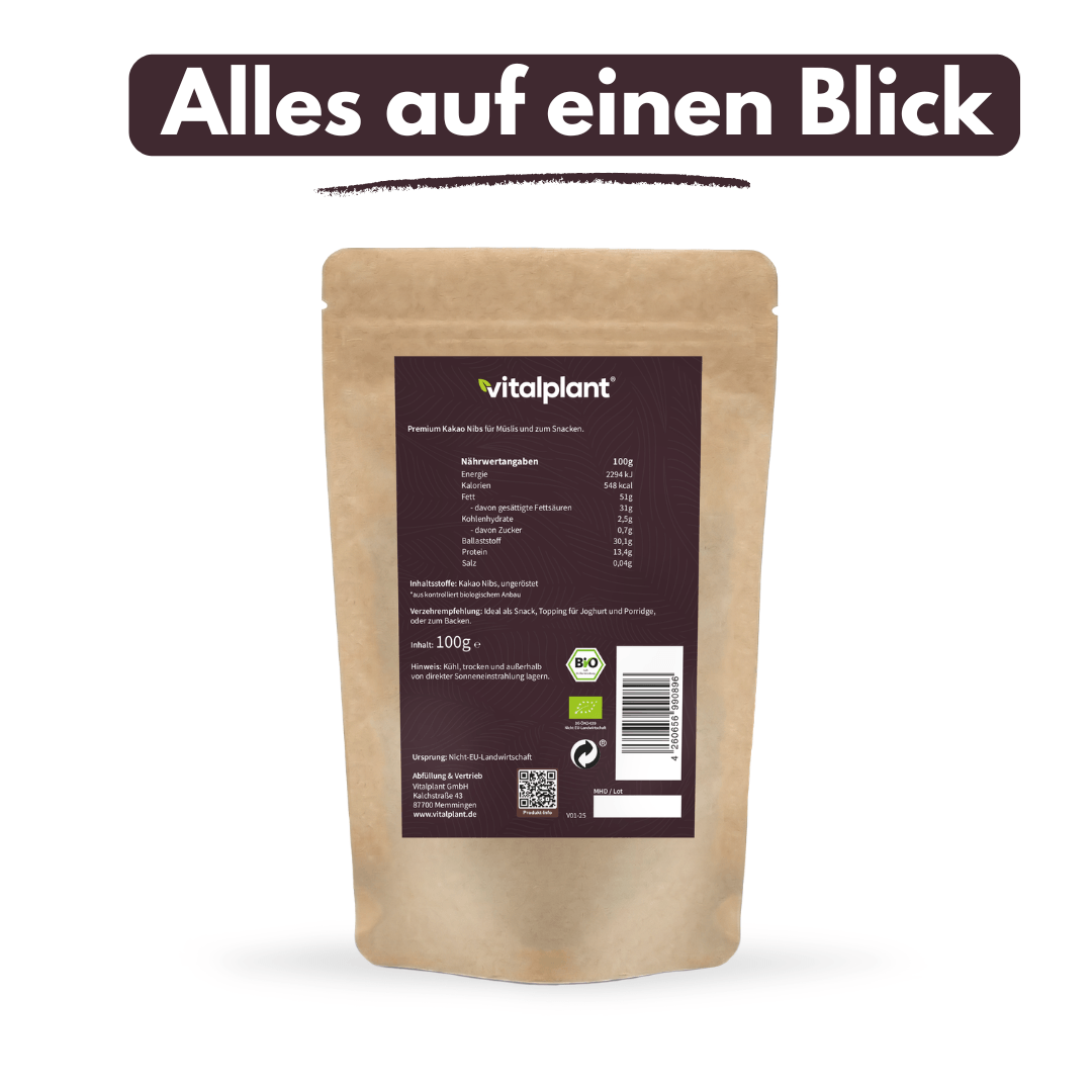 Bio Kakao Nibs von Vitalplant - Verpackung mit Nährwertangaben auf einen Blick