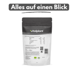 Schwarzes Maca Pulver in einer transparenten Verpackung mit Nährwertangaben und Vitalplant-Logo.