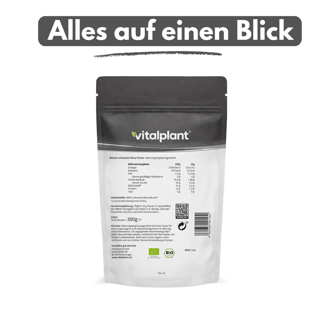 Schwarzes Maca Pulver in einer transparenten Verpackung mit Nährwertangaben und Vitalplant-Logo.