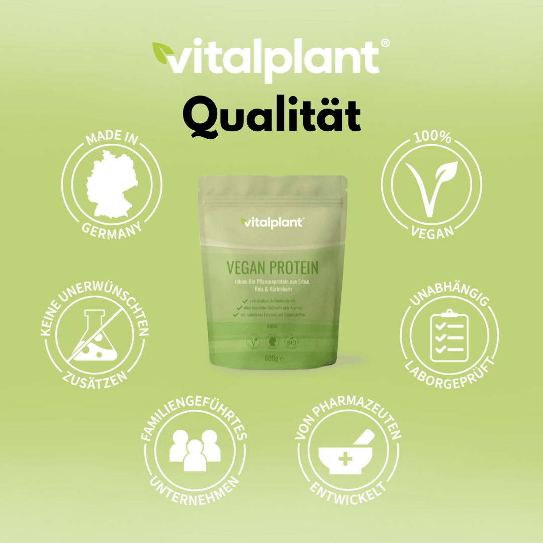 Bio Vegan Protein Pulver von Vitalplant mit hochwertiger pflanzlicher Proteinqualität und vollständigem Aminosäureprofil.