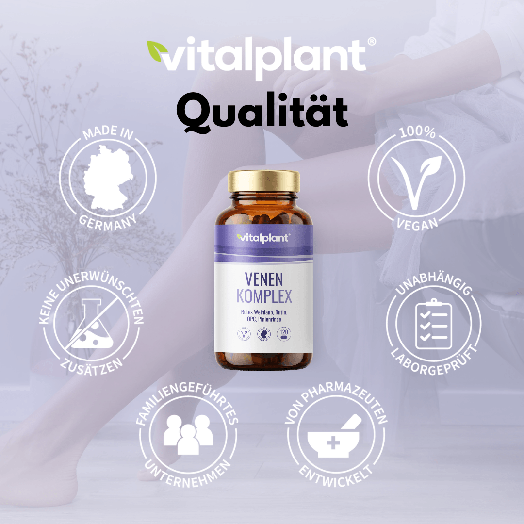 Venen Komplex Kapseln von Vitalplant für gesunde Blutgefäße und venöse Gesundheit in deutscher Qualität.