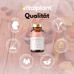 Vitamin B Komplex Aktiv Kapseln von vitalplant mit Zutaten und Qualitätssymbolen, produziert in Deutschland.