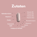 Vitamin B Komplex Aktiv Kapseln mit wichtigen Inhaltsstoffen und B-Vitaminen auf rosa Hintergrund