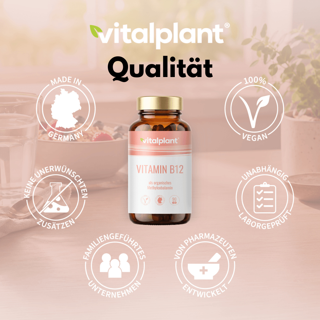 Vitamin B12 capsules by vitalplant in modern packaging, vegan and premium quality.