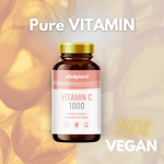Vitalplant® Vitamin C 1000 Flasche, vegan und hoch bioverfügbar, in einem modernen Design.