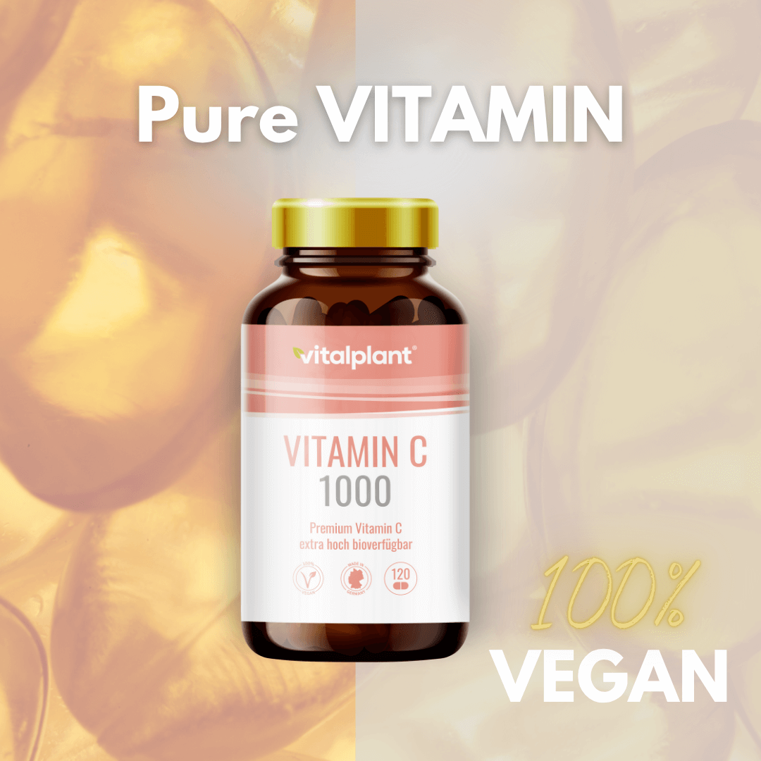 Vitalplant® Vitamin C 1000 Flasche, vegan und hoch bioverfügbar, in einem modernen Design.