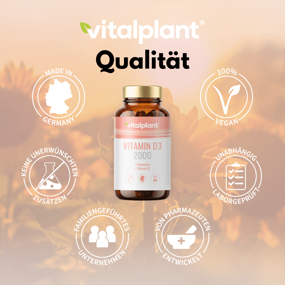Vitamin D3+ Kapseln von Vitalplant, vegan, made in Germany, hochwertiges Produkt mit Magnesium und K2.