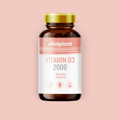 Vitamin D3+ Kapseln von Vitalplant, ideale Kombination aus Vitamin D3, K2 und Magnesium für optimale Gesundheit.