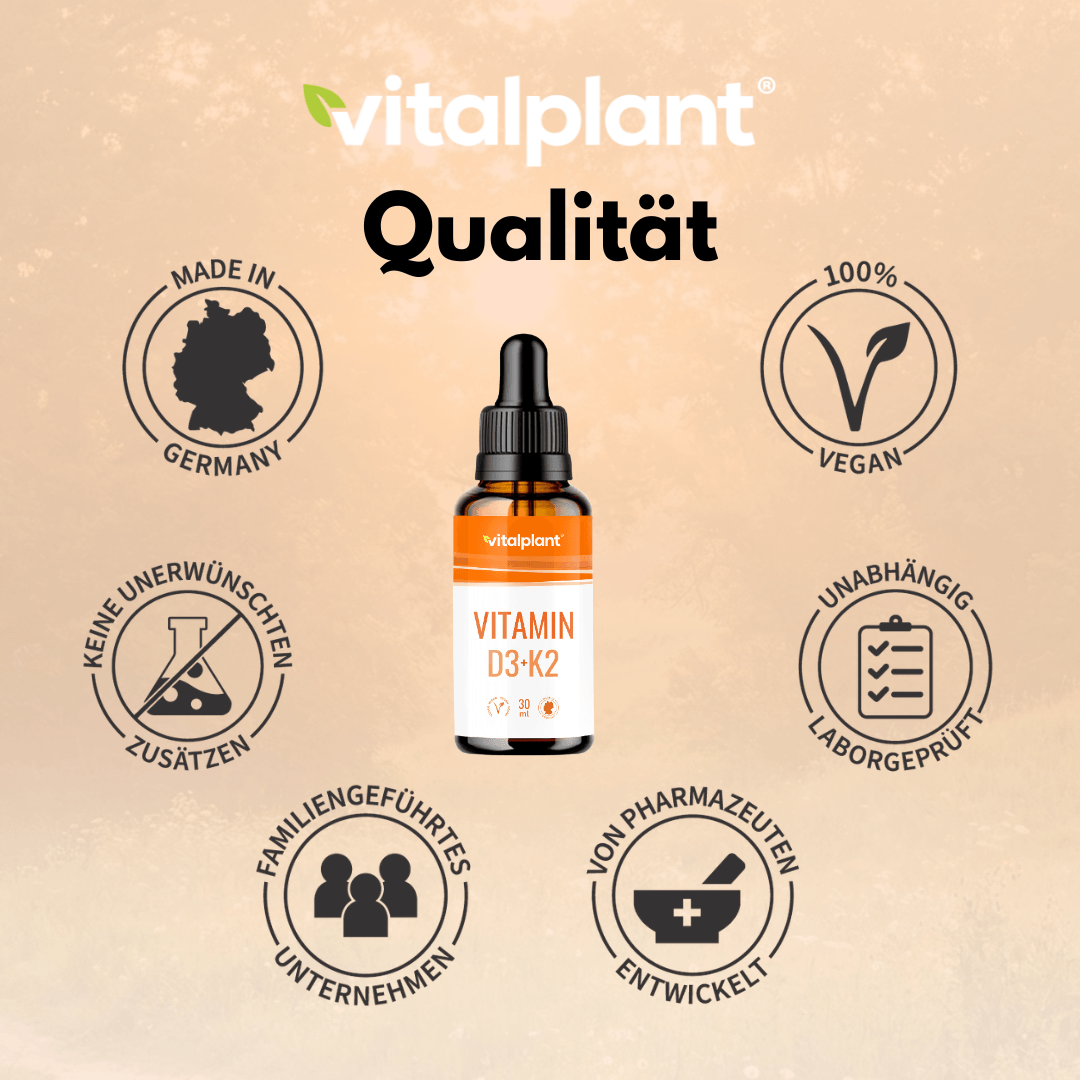 Vitamin D3 + K2 Tropfen von Vitalplant mit Qualitätssiegel - vegan, ohne unerwünschte Zusatzstoffe, Made in Germany.