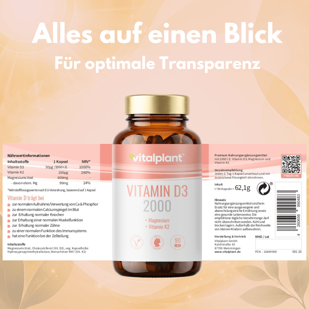 Vitalplant Vitamin D3+ Kapseln mit Nachhaltigkeit und Transparenz auf dem Etikett