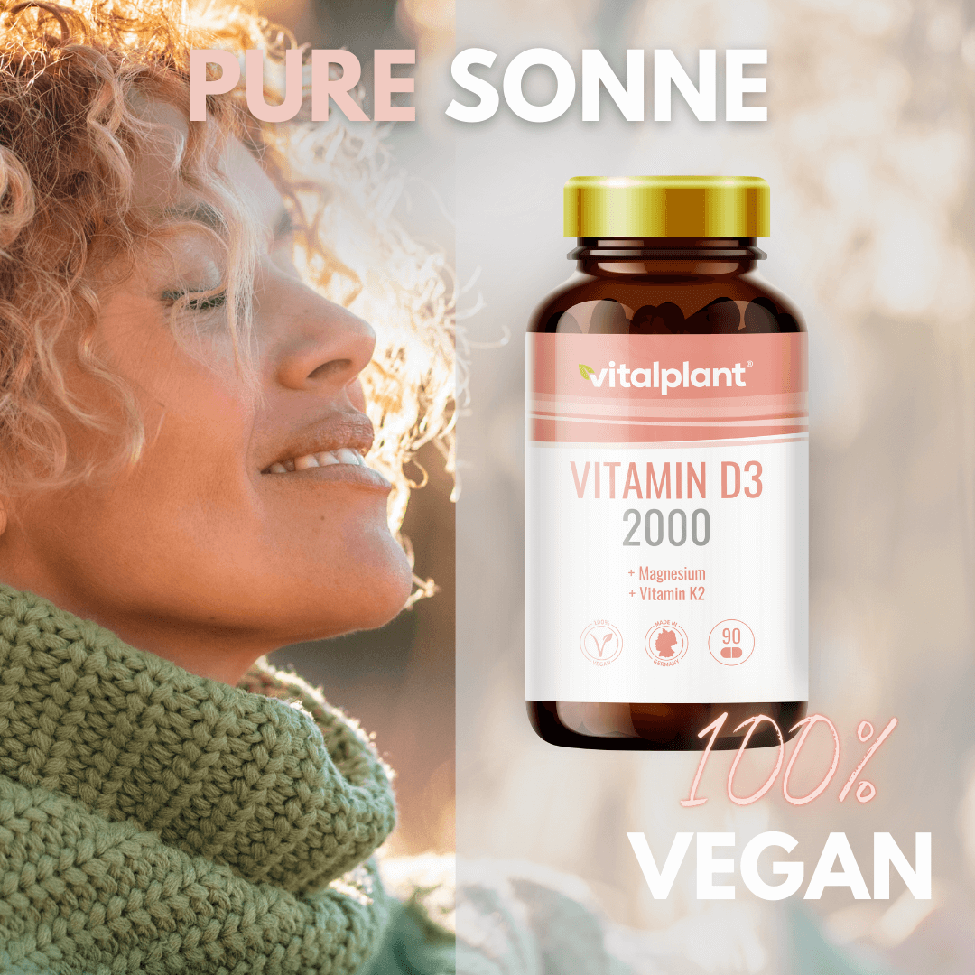 Frau mit Vitalplant Vitamin D3+ Kapseln für Gesundheit und Wohlbefinden, 100% vegan