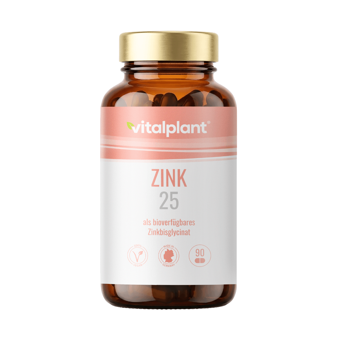 Zink 25 Kapseln von Vitalplant in einem braunen Glasbehälter, enthält bioverfügbares Zinkbisglycinat.