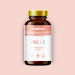 Zink + C Kapseln von Vitalplant in einer Glasflasche, hochwertiges Nahrungsergänzungsmittel mit Zink.