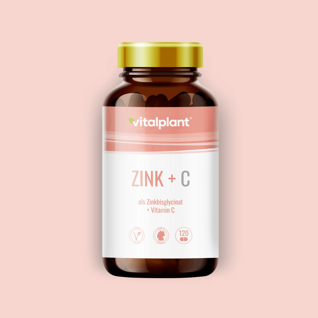 Zink + C Kapseln von Vitalplant in einer Glasflasche, hochwertiges Nahrungsergänzungsmittel mit Zink.