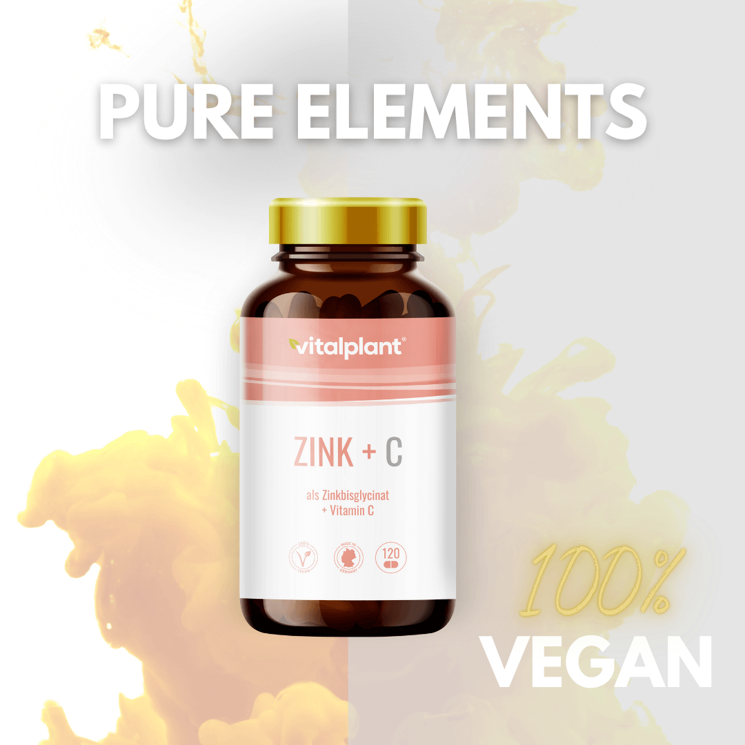 Vitalplant Zink + C Kapseln, eine vegane Ergänzung mit Zinkbisglycinat und Vitamin C, für optimale Mikronährstoffversorgung.