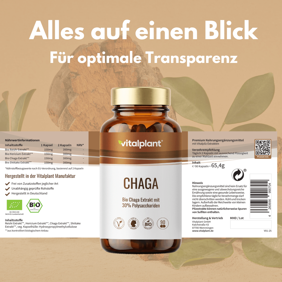 Bio Chaga Kapseln von Vitalplant mit hochwertigem Chaga Extrakt und detaillierten Nährwertinformationen.