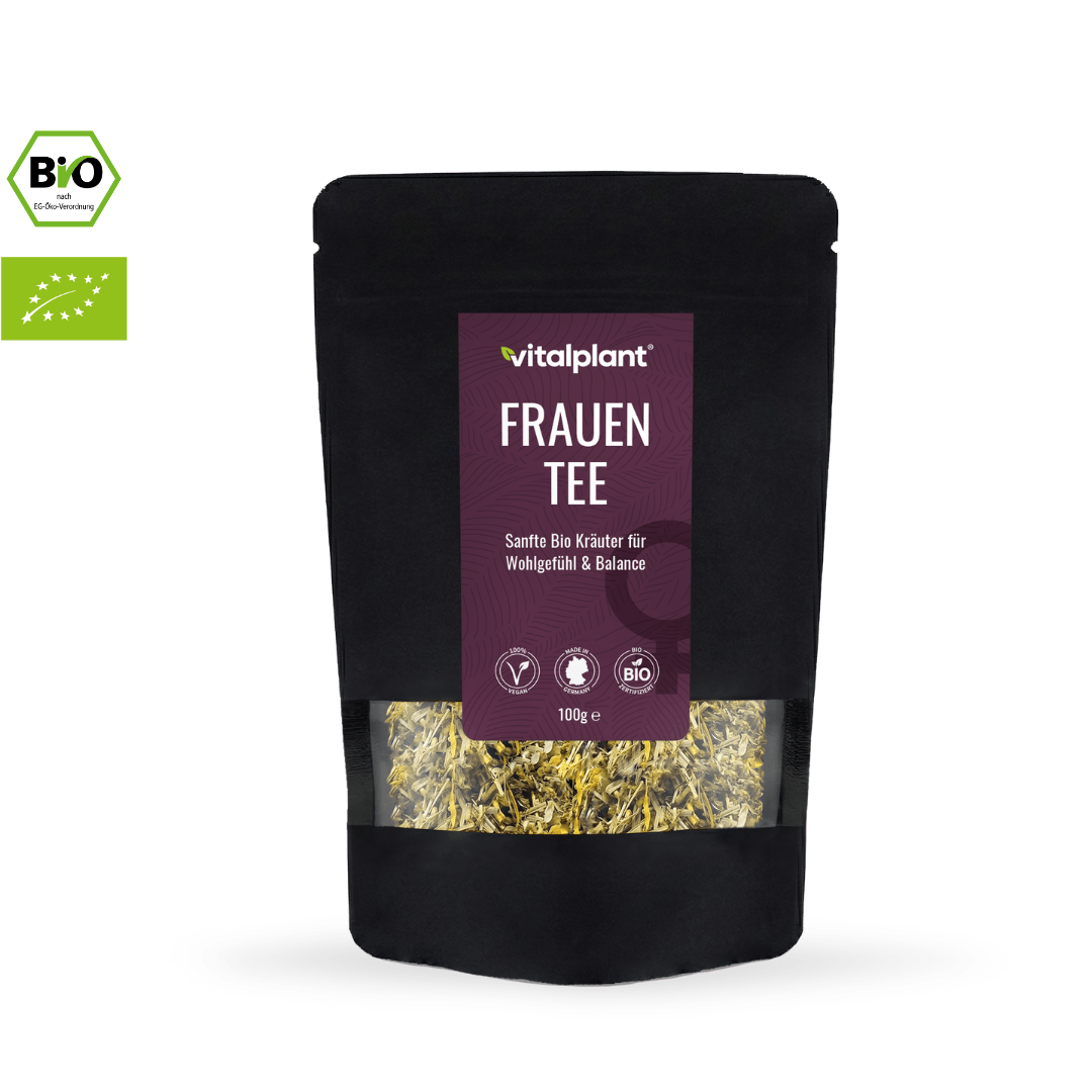 Bio Frauen Tee von Vitalplant in einer nachhaltigen Verpackung für Wohlgefühl und Balance.