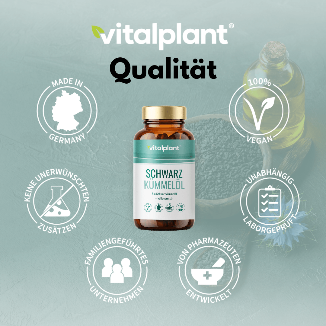 Bio Schwarzkümmelöl in Kapseln von Vitalplant, vegetarisch, rein, aus Deutschland, ohne unerwünschte Zusatzstoffe.
