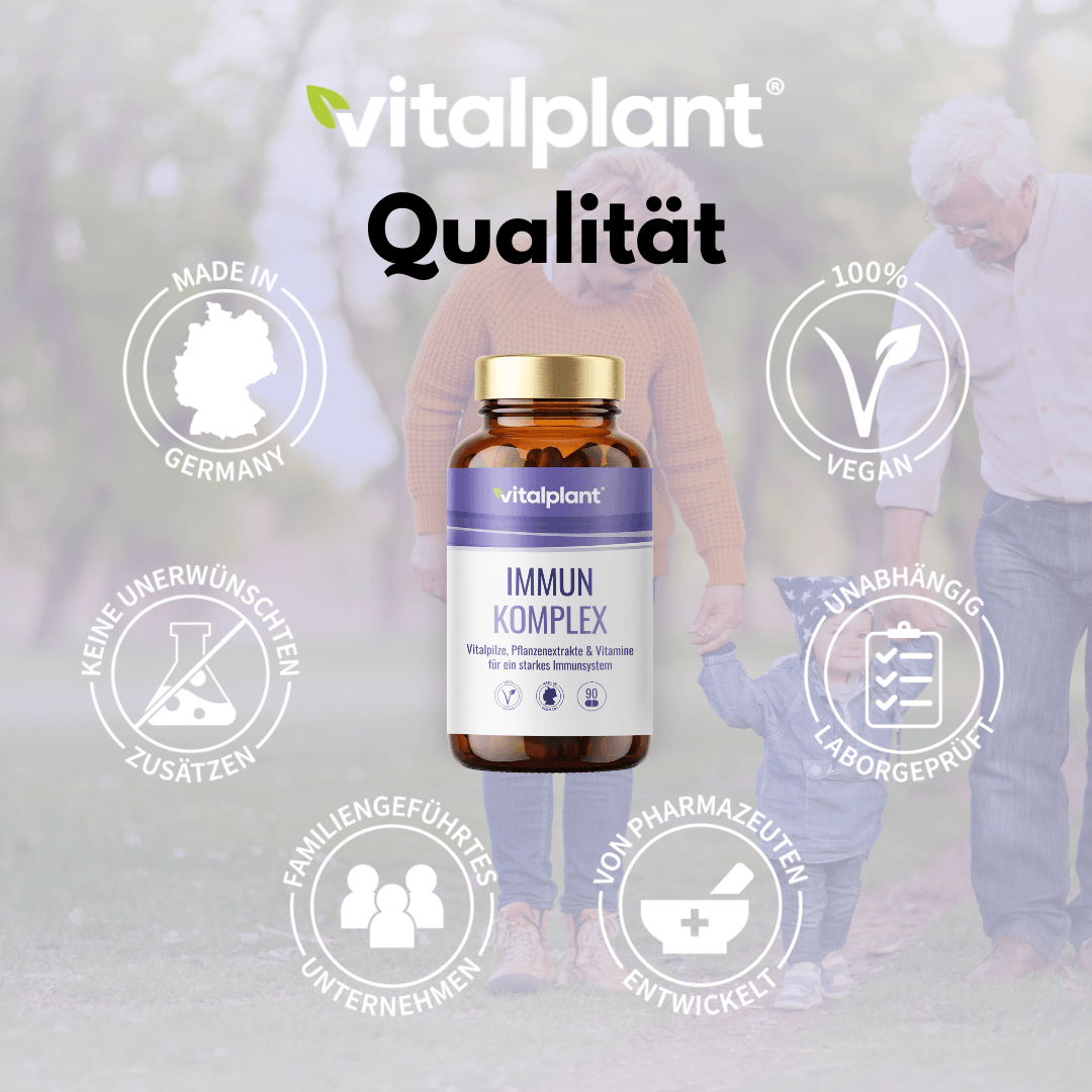 Immun Komplex Kapseln von Vitalplant – natürlicher Schutz für starke Abwehrkräfte in Deutschland hergestellt.