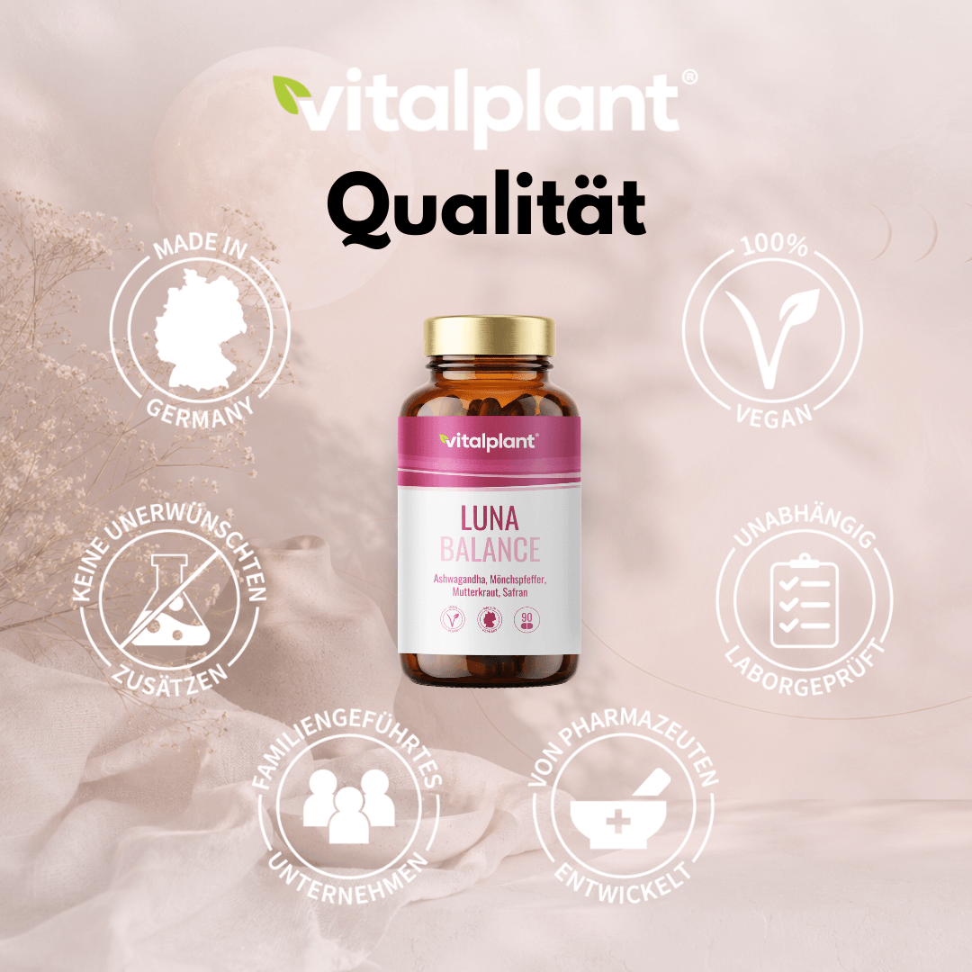 Luna Balance Kapseln von Vitalplant, hergestellt in Deutschland, vegan, laborgeprüft, ohne unerwünschte Zusätze.