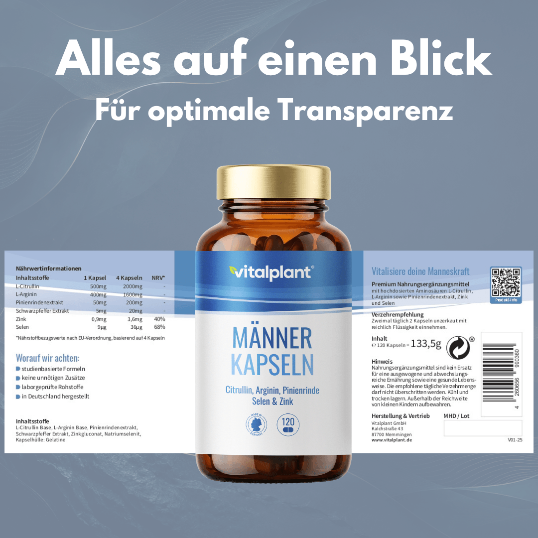 Männer Kapseln von Vitalplant für natürliche Vitalität, Nährstoffkombination aus L-Arginin und Zink.